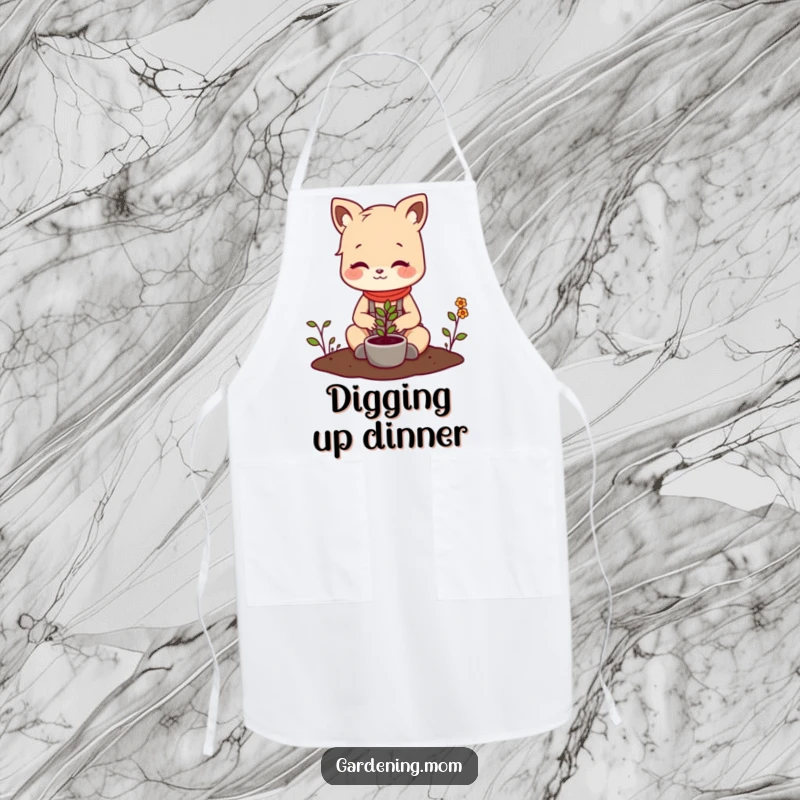 Funny apron depicting a joyful gardening mom animal planting a tiny seedling, making kitchen and garden tasks more amusing.
