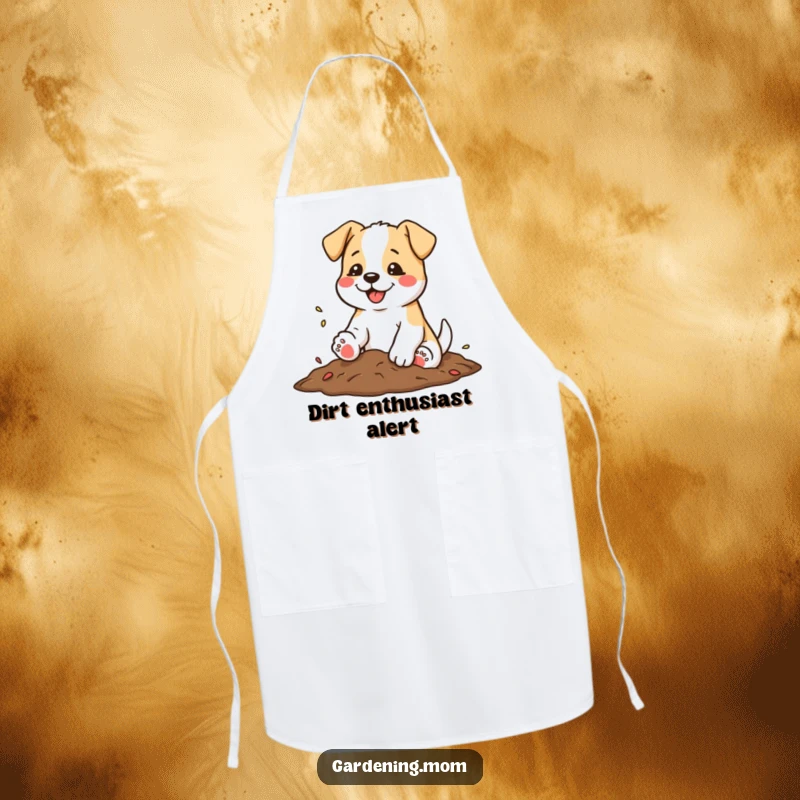 Funny apron featuring a dog shaking soil from its paws with a satisfied wag, ideal for kitchen or garden fun.
