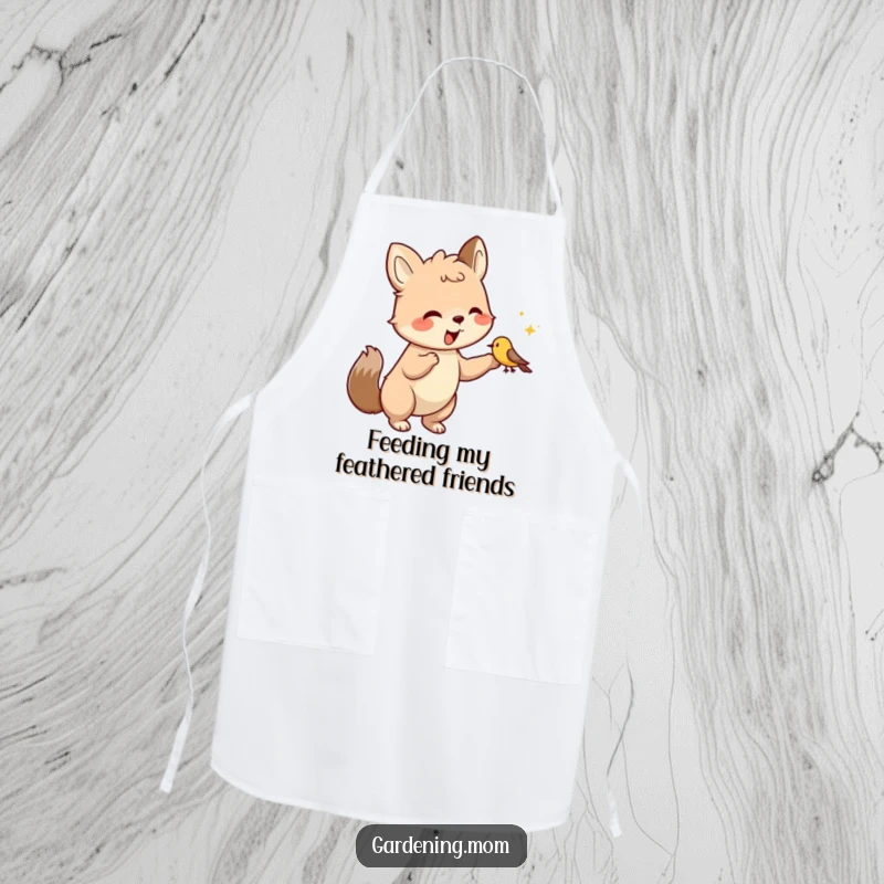 Funny Apron: Whimsical animal character with a caring expression feeding a small bird from its hand, perfect for a kind cook.