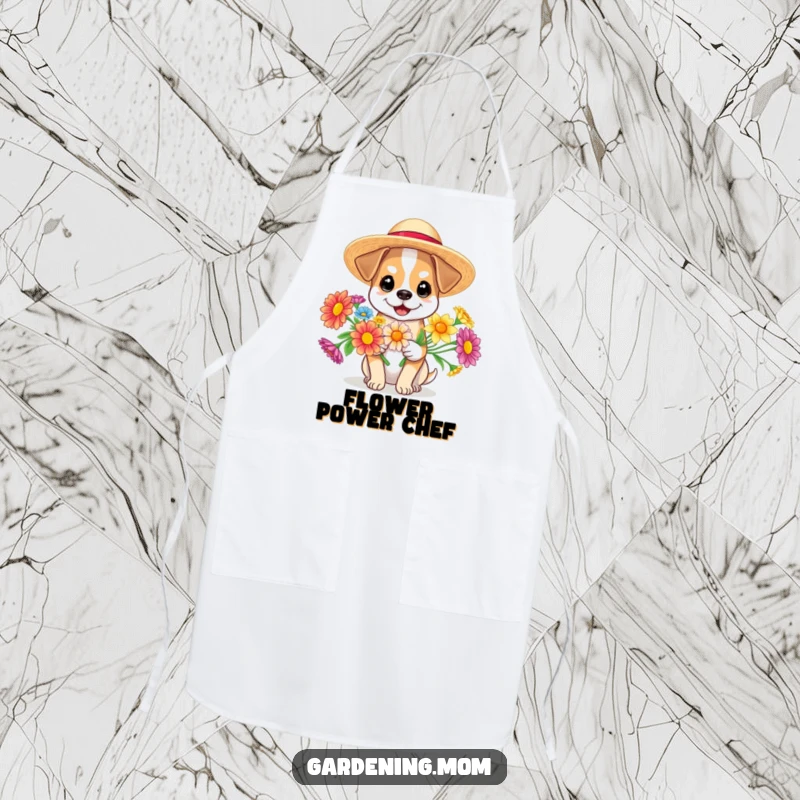 Funny dog wearing a sun hat and holding flowers, a practical and humorous apron for cooking or gardening, funny gift.