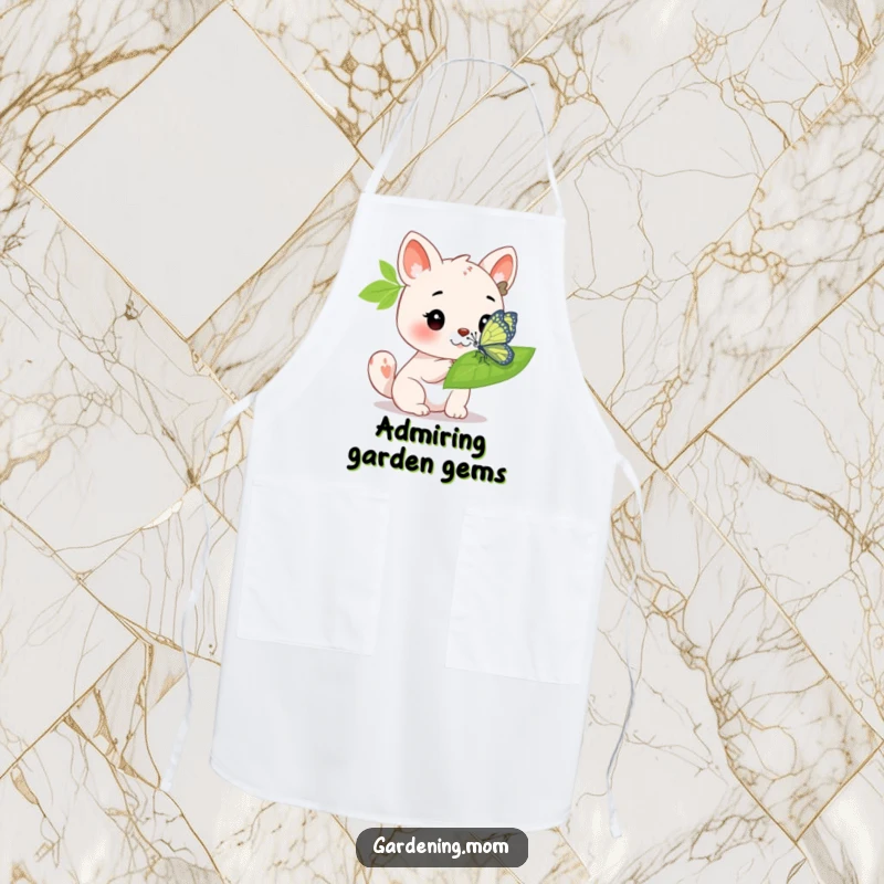 Funny Apron: An animal character admiring a bright butterfly on a leaf, bringing nature's calm to the kitchen.