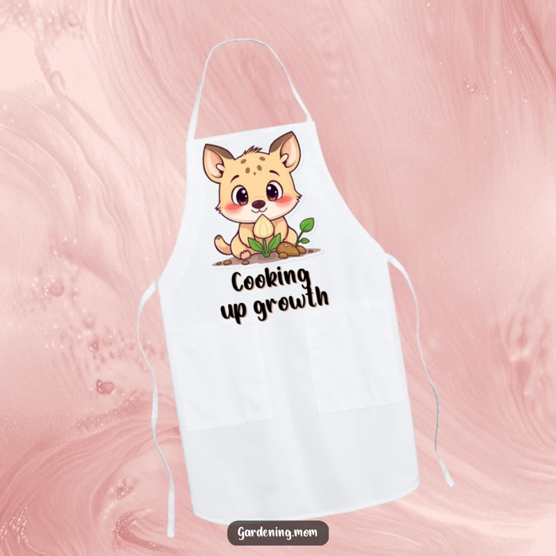 Funny curious animal character with wide eyes looking at a sprouting seed, on a functional and funny apron.
