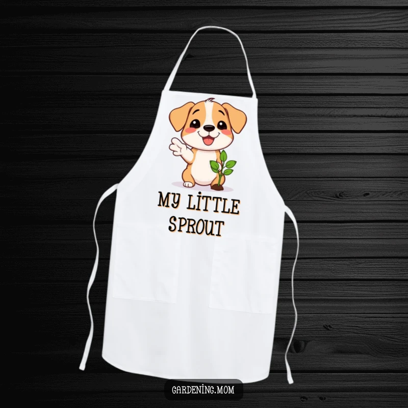Funny apron featuring a proud dog smiling, gesturing towards a newly sprouted seedling, ideal for gardening or cooking.