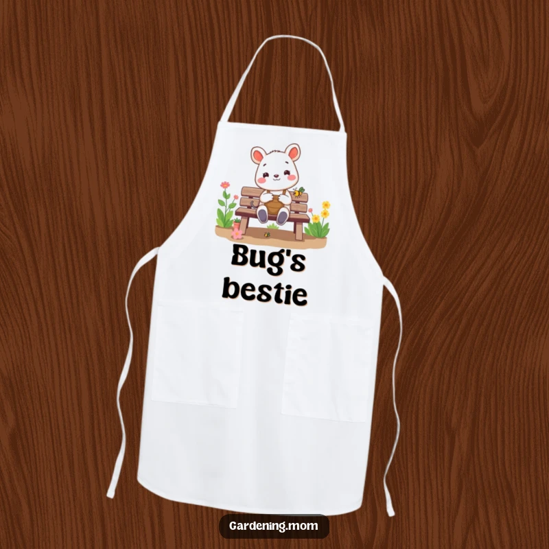 Funny gardening animal apron: a cheerful critter sits on a garden bench, happily admiring a small bug, protecting clothes with a humorous touch.