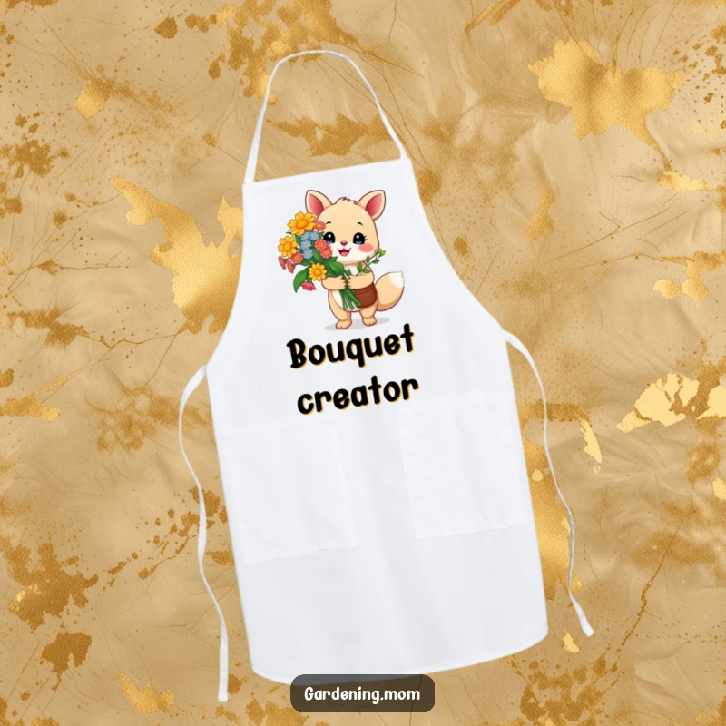 Funny gardening animal apron: a happy critter proudly holds a vibrant bouquet of colorful flowers, protecting clothes with floral flair and humor.
