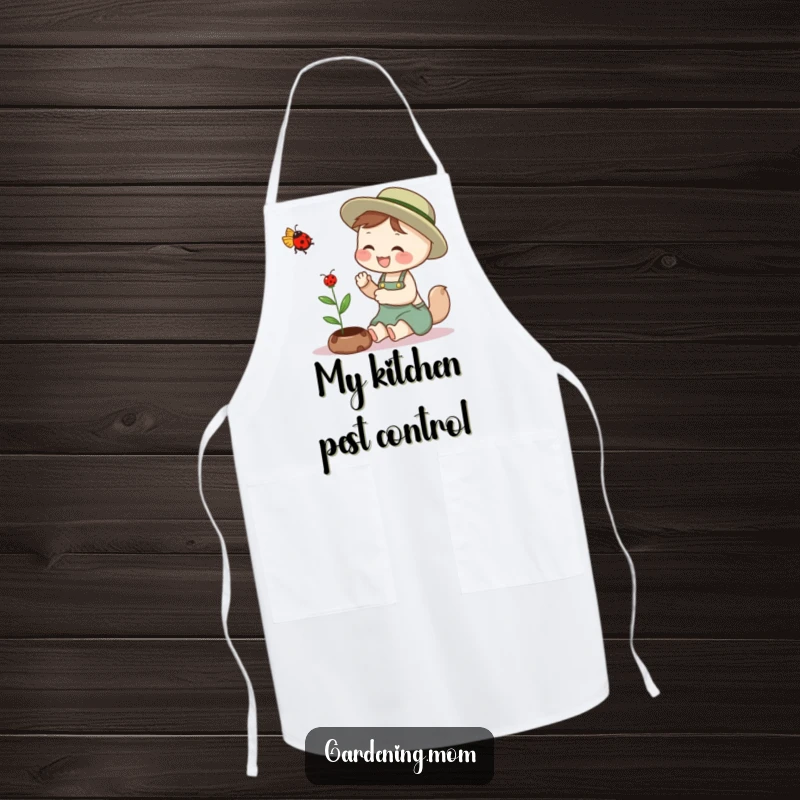 Funny gardening mom animal apron print: an animal mom giggling while petting a ladybug that is hovering nearby, a happy gardener.