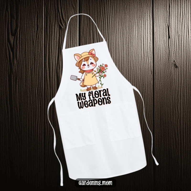 Funny apron depicting a proud gardening mom animal holding a trowel and a bouquet of flowers, making tasks more amusing.