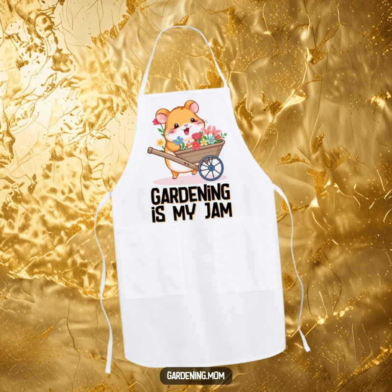 Funny apron with a happy hamster carrying a wheelbarrow full of colorful flowers, ideal for kitchen adventures.