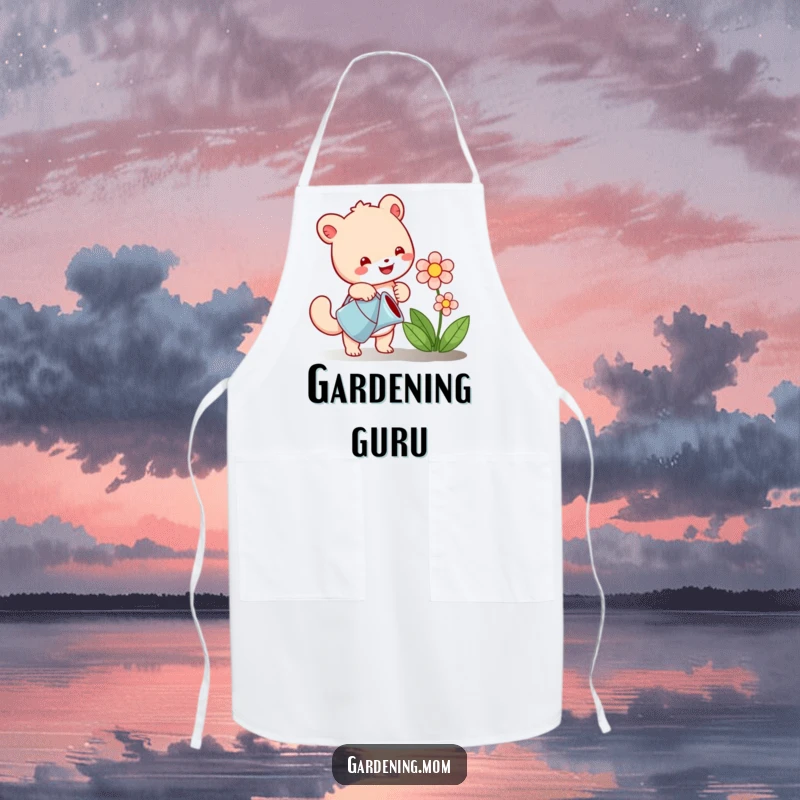 Funny apron displaying a joyful animal character watering a flourishing flower, ideal for kitchen or garden fun and protection.
