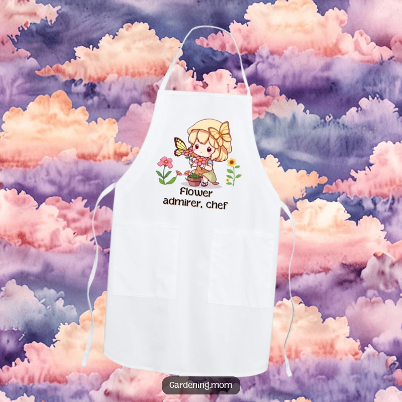 Funny Apron: Kawaii gardener character joyfully observing a butterfly on a flower while cooking or gardening.