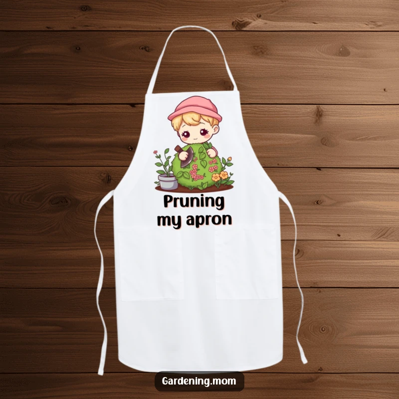 Funny Kawaii Gardener Apron: Cute character gently pruning a bush with focus, perfect for a practical funny gift.