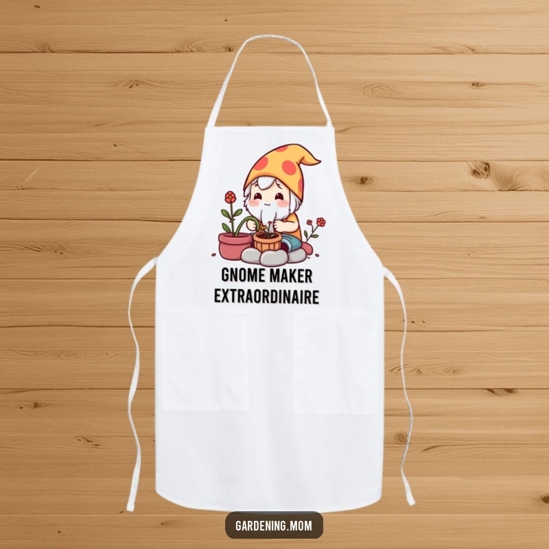 Funny Apron: A kawaii gardening character carefully creating a small garden gnome while working on projects.