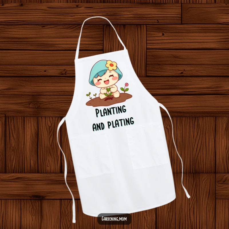 Funny Kawaii gardener apron depicting a character joyfully planting a tiny seed, ready for a bountiful harvest.