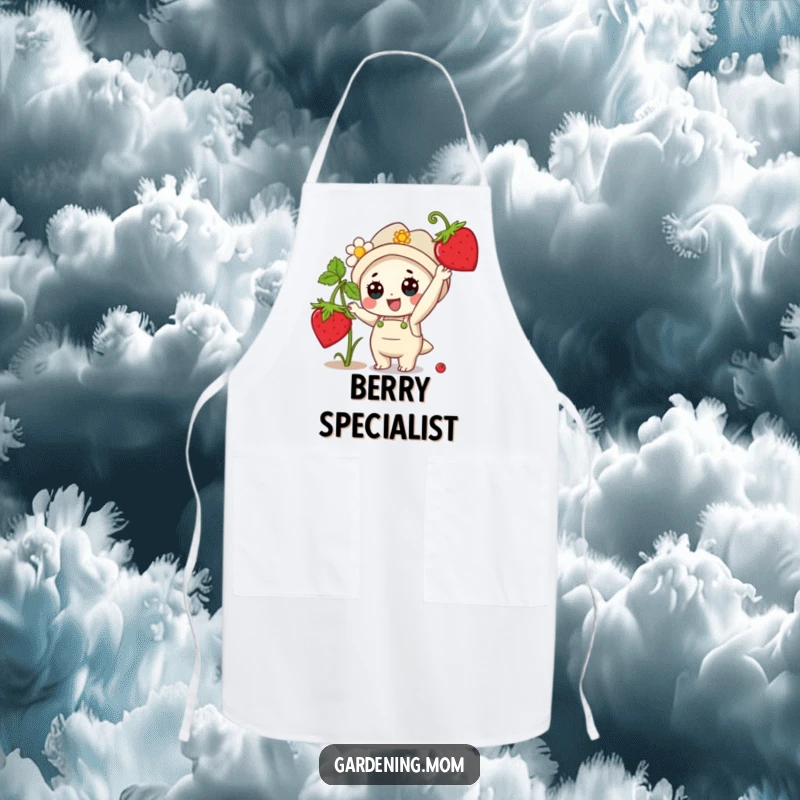 Funny Apron: A kawaii gardening character gleefully reaches for a ripe strawberry while baking or cooking.