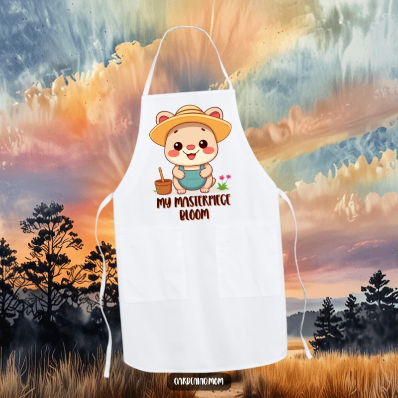 Funny Kawaii Gardening Animal Apron: A smiling creature in a straw hat, proud of its gardening or cooking achievements.