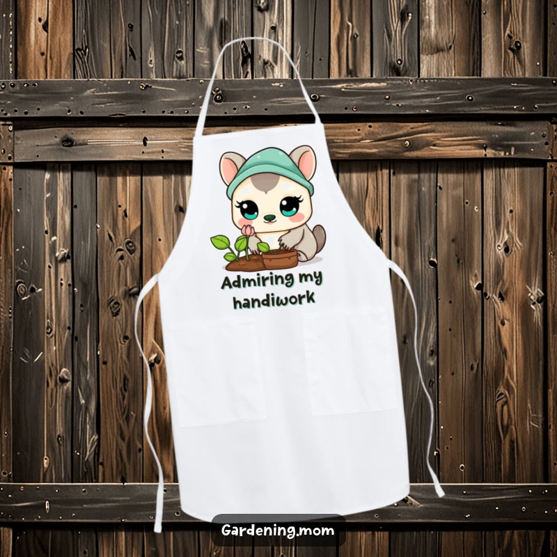 Funny Kawaii Gardening Animal Apron: A cute animal with large eyes, admiring a growing sprout, perfect for kitchen or garden protection.