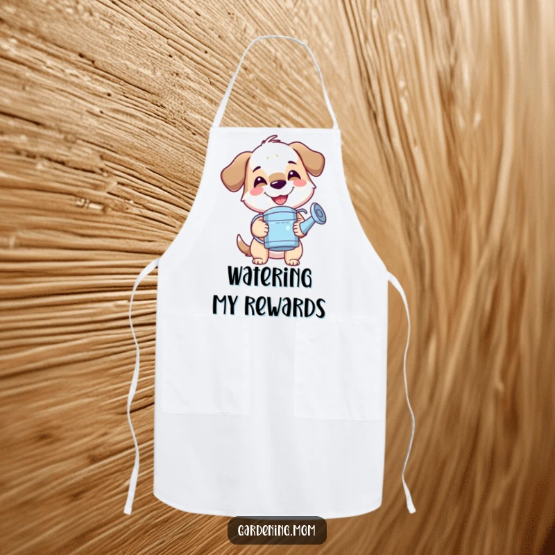 Funny mama dog apron with a big smile, holding a watering can, ready to assist in the kitchen or garden with cheer.