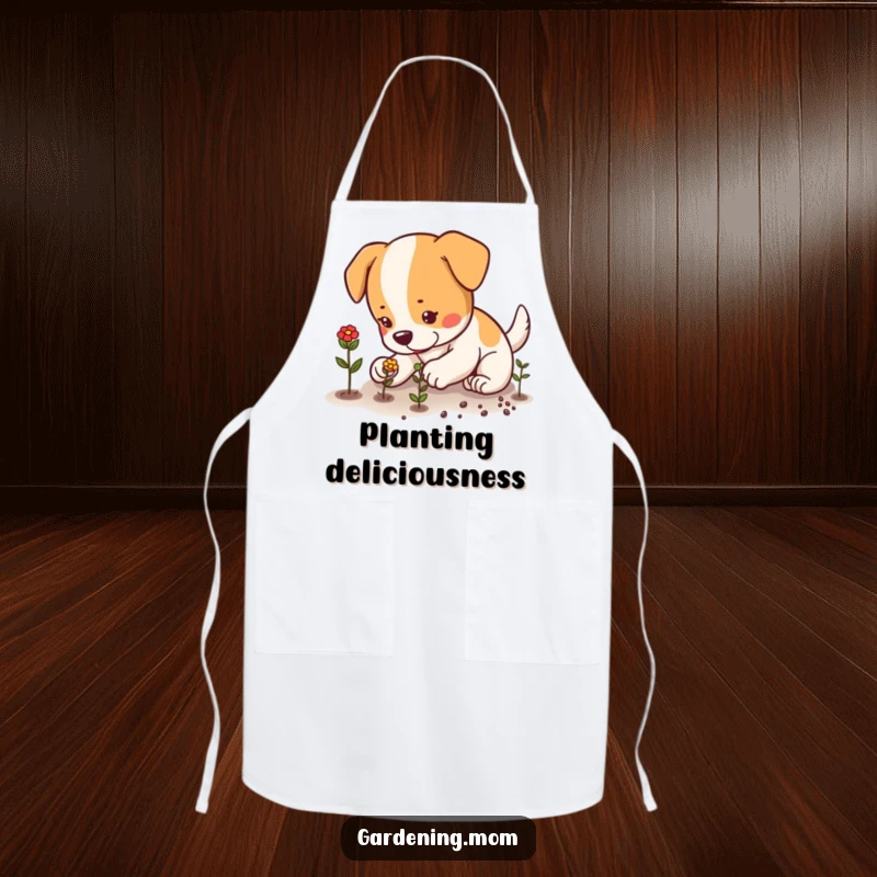 Funny dog carefully planting seeds with small, focused paws, a practical and humorous apron for gardening, funny gift.