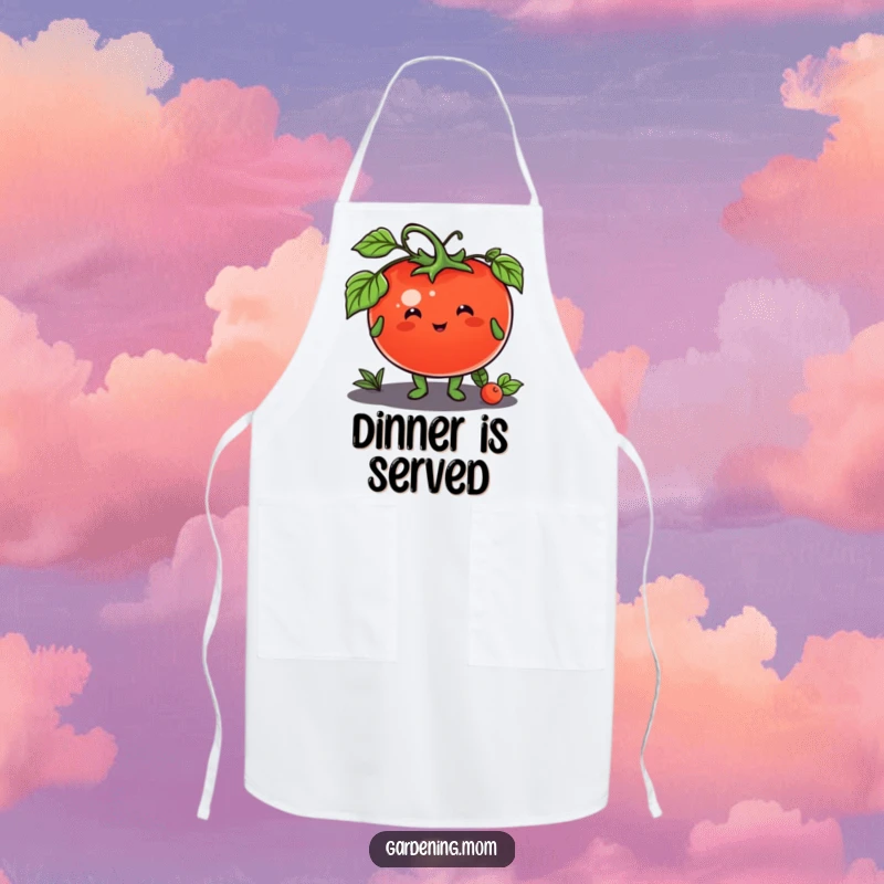 Funny apron showing a delightful gardening animal character offering a plump tomato, perfect for cooking or gardening.