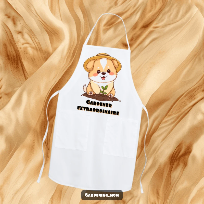 Funny Mama Dog Gardener Apron: A fluffy mama dog in a sun hat happily plants a tiny seedling, ready for garden messes.