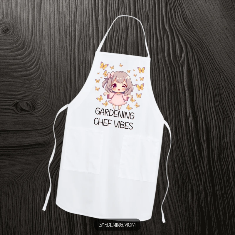 Funny Apron: Character surrounded by fluttering butterflies, hands outstretched, perfect for cooking with gentle flair as a funny gift.