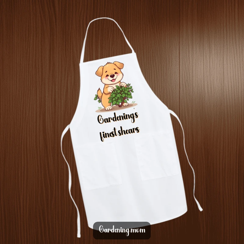 Funny apron showing a determined dog cheerfully pruning a bush, ideal for a humorous cooking or gardening experience.