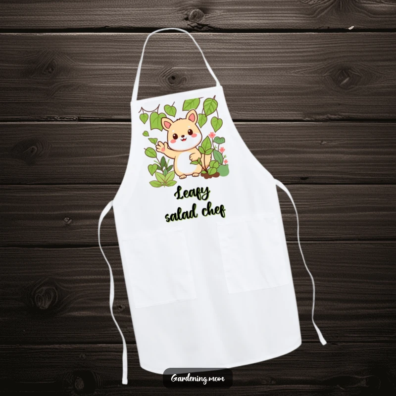 Funny Kawaii Gardening Animal Apron Waving Hello Amidst Leafy Greens, Cute Kitchen Accessory, Cheerful Design.