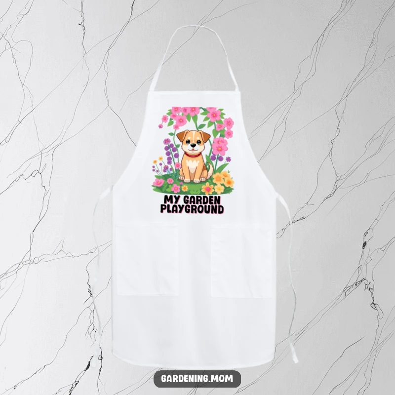 Funny apron with a relaxed dog sitting peacefully in a vibrant garden, enjoying the surrounding greenery.