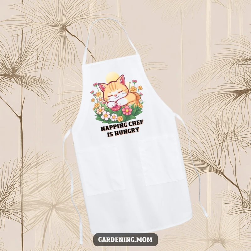 Funny Cat apron depicting a contented cat snoozing peacefully in a sunny flower bed, designed for humorous and peaceful kitchen use.