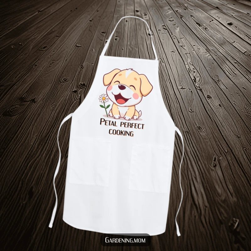 Funny mama dog apron with a delighted expression, admiring a blooming daisy, perfect for protecting clothes with floral flair.