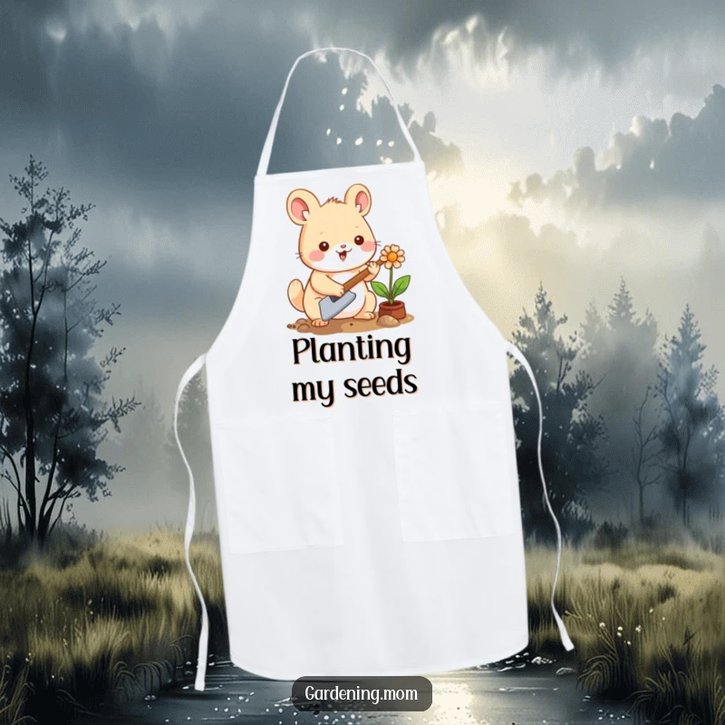 Funny Kawaii Gardening Animal Apron: A cheerful creature with a trowel, planting a flower, perfect for kitchen or garden protection.