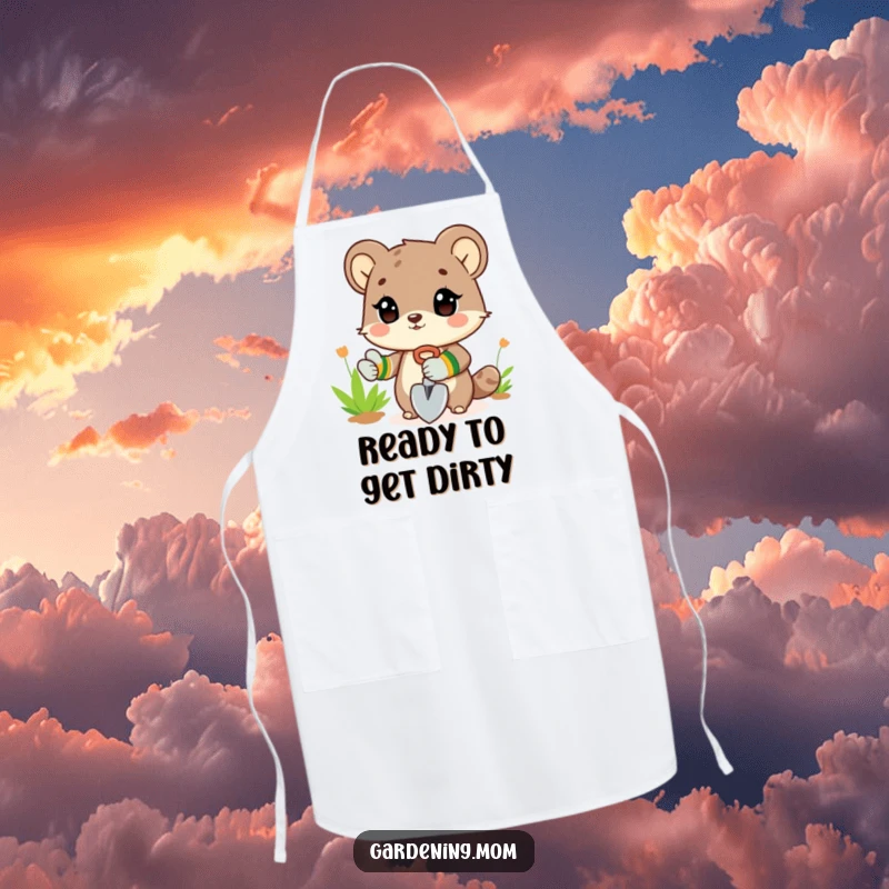 Funny Apron: An animal character wearing gardening gloves and holding a shovel, ready for kitchen or garden tasks.