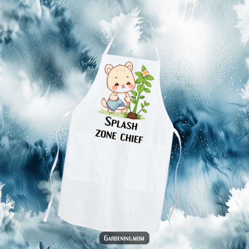Funny apron depicting a joyful gardening mom animal watering a lush plant, making kitchen and garden tasks more amusing.