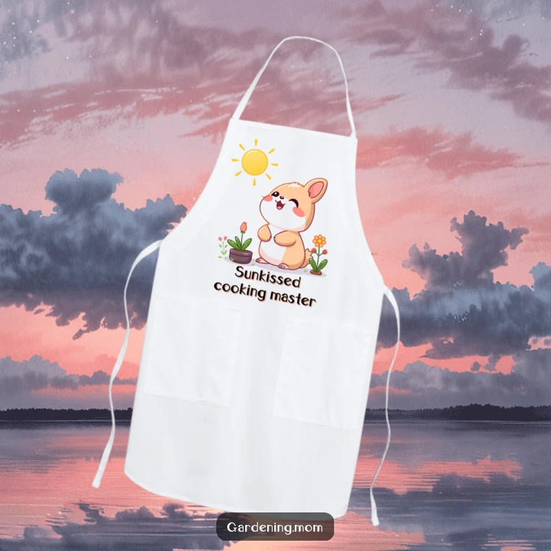 Funny Kawaii Gardening Animal Apron Looking Up at Sun, Cute Kitchen Accessory, Cheerful Design.