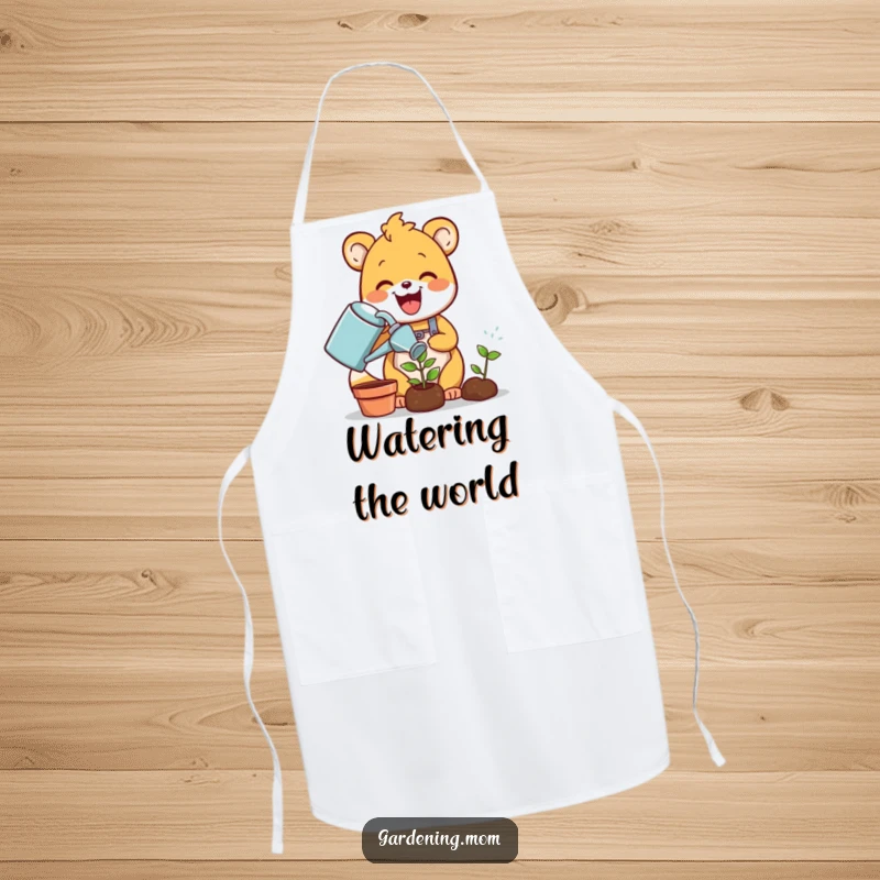 Funny gardening animal apron: a delighted critter joyfully waters a tiny green sprout with a watering can, keeping you clean with a humorous twist.
