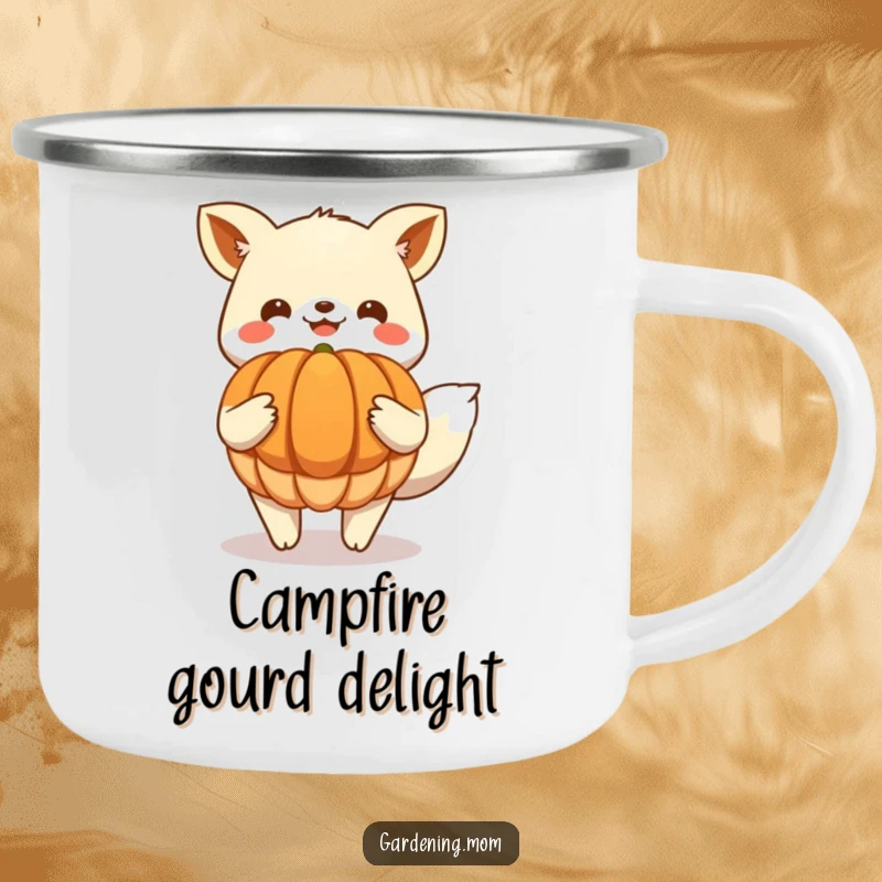 Funny Camping Mug: Durable enamel mug featuring a happy animal character holding a large harvested pumpkin, perfect for fall outdoor enthusiasts.