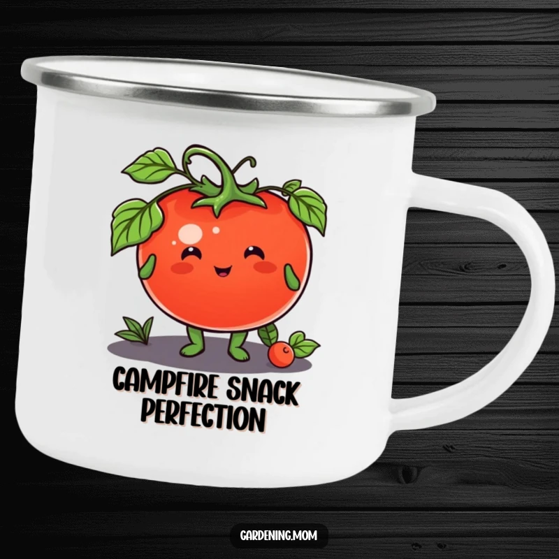 Funny camping mug showcasing a happy gardening animal character offering a ripe tomato, ideal for outdoor enjoyment.
