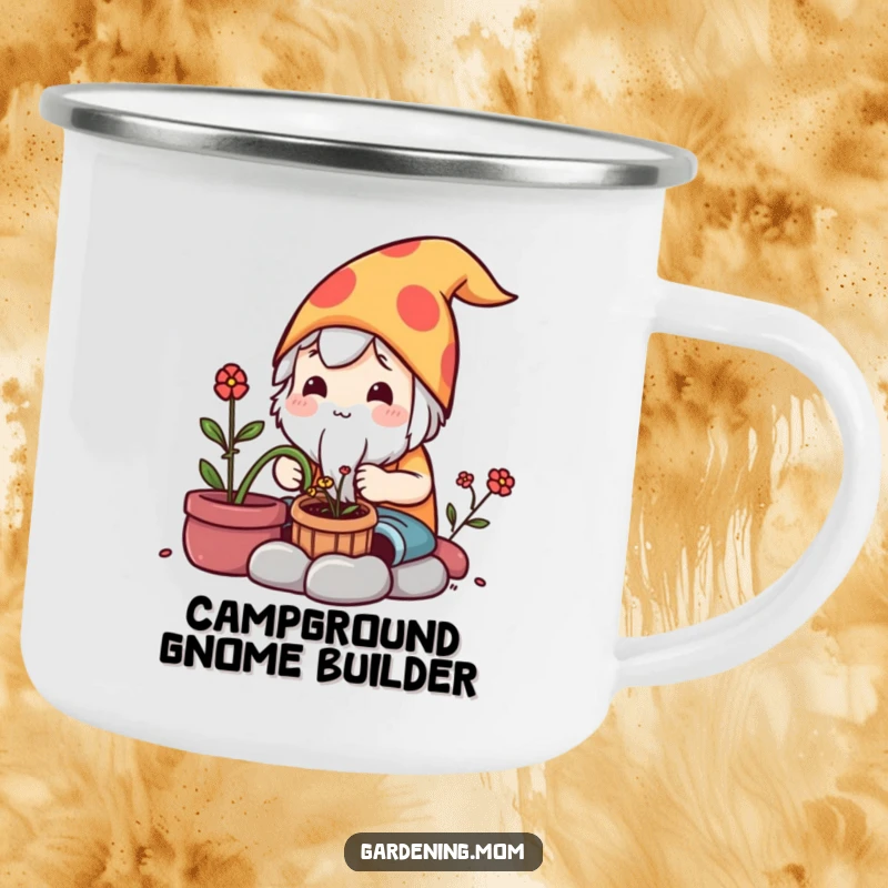 Funny Camping Mug: A cute kawaii gardening character carefully crafts a garden gnome, built for adventure.