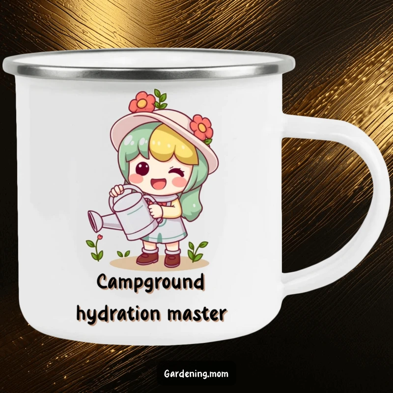 Funny Camping Mug: A cute kawaii gardening character holds a watering can, designed for outdoor fun.