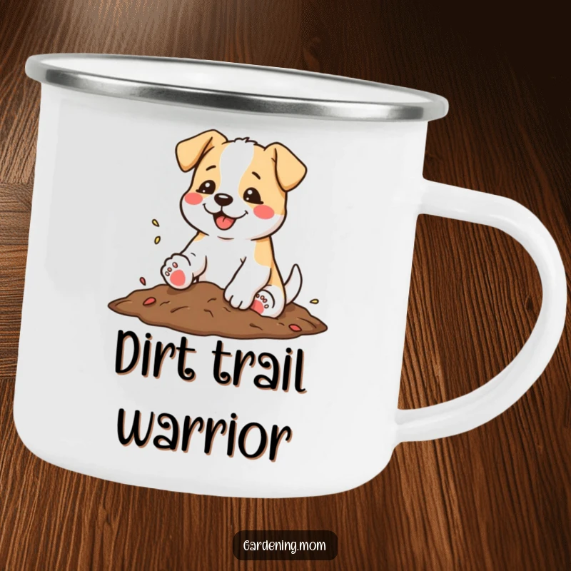 Funny camping mug with a dog shaking soil from its paws with a satisfied wag, ready for outdoor breaks.