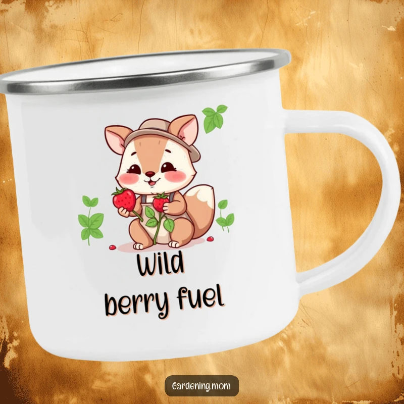Funny gardening mom animal camping mug art: an animal mom offering a freshly picked berry, a symbol of sharing nature's gifts.