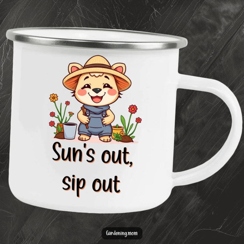 Funny camping mug featuring a happy gardening mom animal wearing a straw hat and smiling, ideal for outdoor enthusiasts.