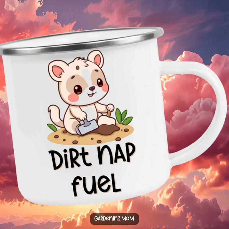 Funny camping mug with a playful animal character digging in soil, ideal for outdoor lovers who appreciate gardening humor.