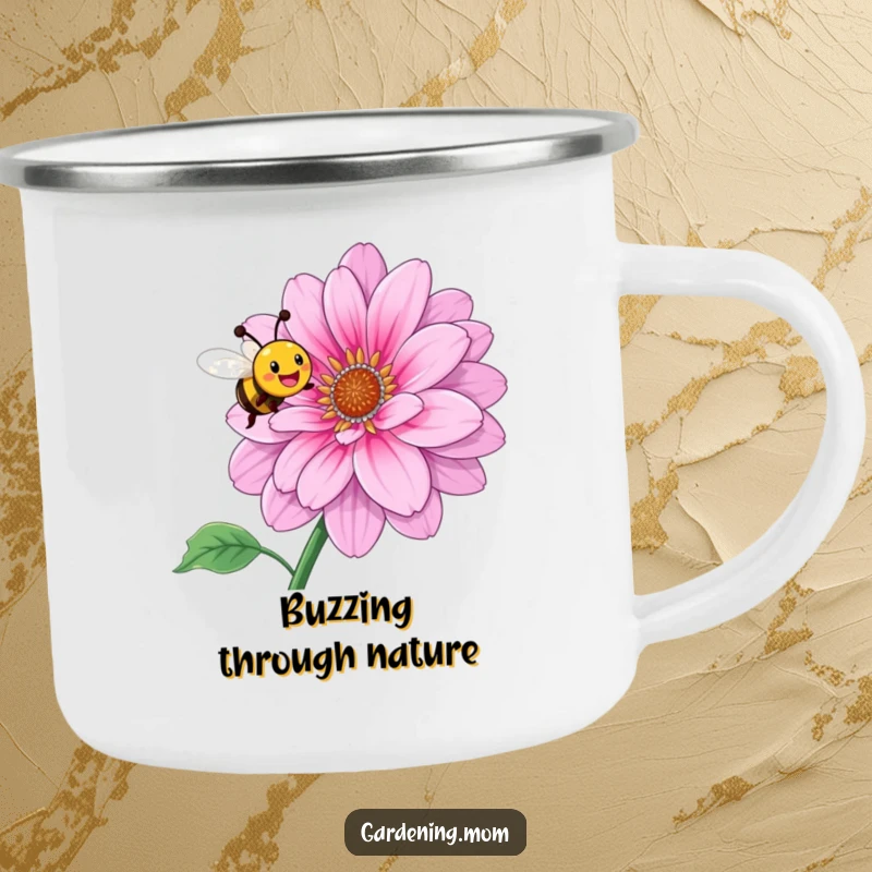 Funny camping mug with a smiling bee buzzing around a large, blooming flower, perfect for outdoor enjoyment.