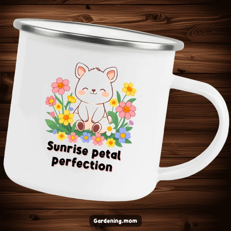 Funny contented animal character sitting amongst vibrant flowers with a peaceful smile, on a durable camping mug for outdoor use.