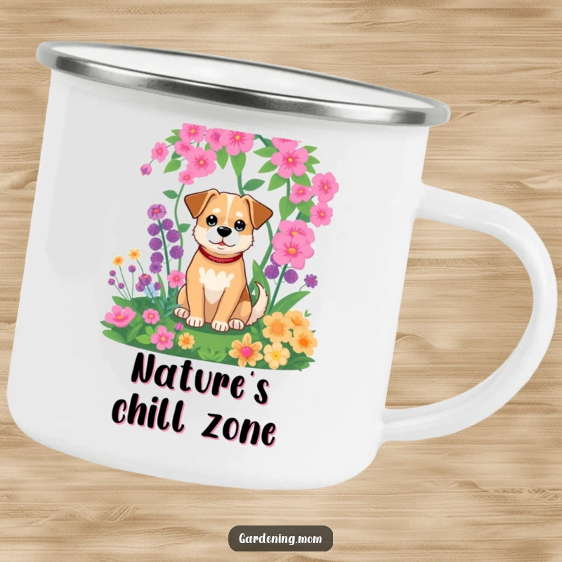 Funny camping mug with a relaxed dog sitting peacefully in a vibrant garden, surrounded by greenery.