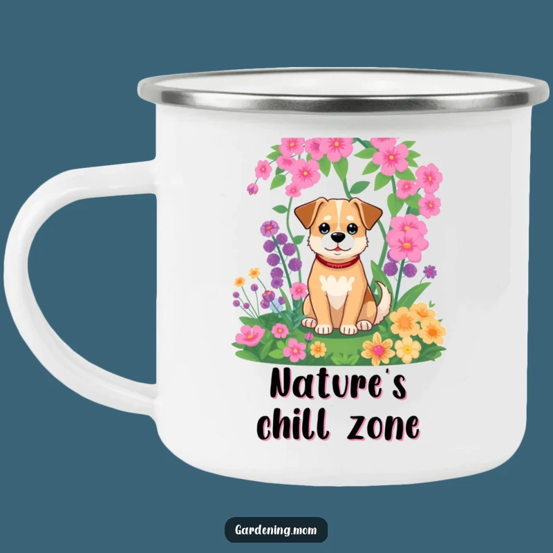 Funny Dog Garden Scene Camping Mug: Relaxed Pet's Hilarious Greenery Outdoor Gift