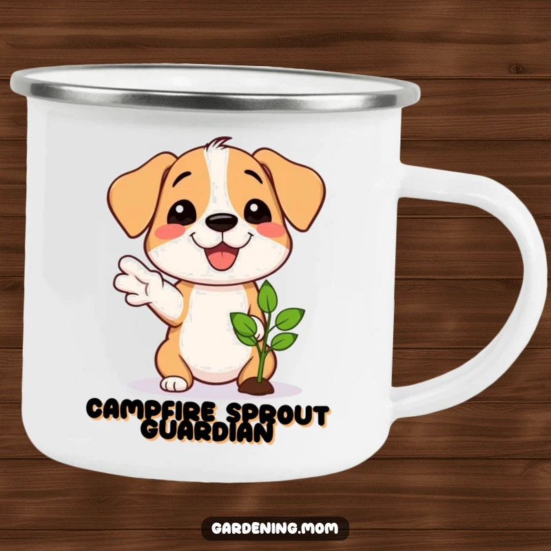Funny camping mug with a proud dog smiling and gesturing towards a newly sprouted seedling, ready for adventures.