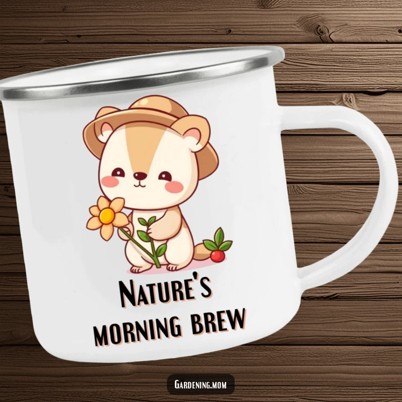 Funny cute animal character in a gardening hat holding a blooming flower, on a durable camping mug for outdoor enjoyment.