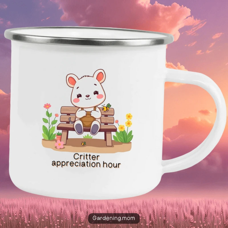 Funny gardening animal camping mug: a cheerful critter sits on a garden bench, happily admiring a small bug, perfect for outdoor enjoyment.